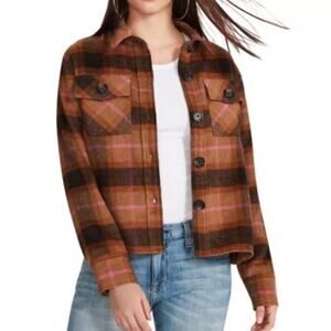 Steve Madden BB Dakota Brown Pink Plaid Boxy Fall Shacket Women's Size Medium